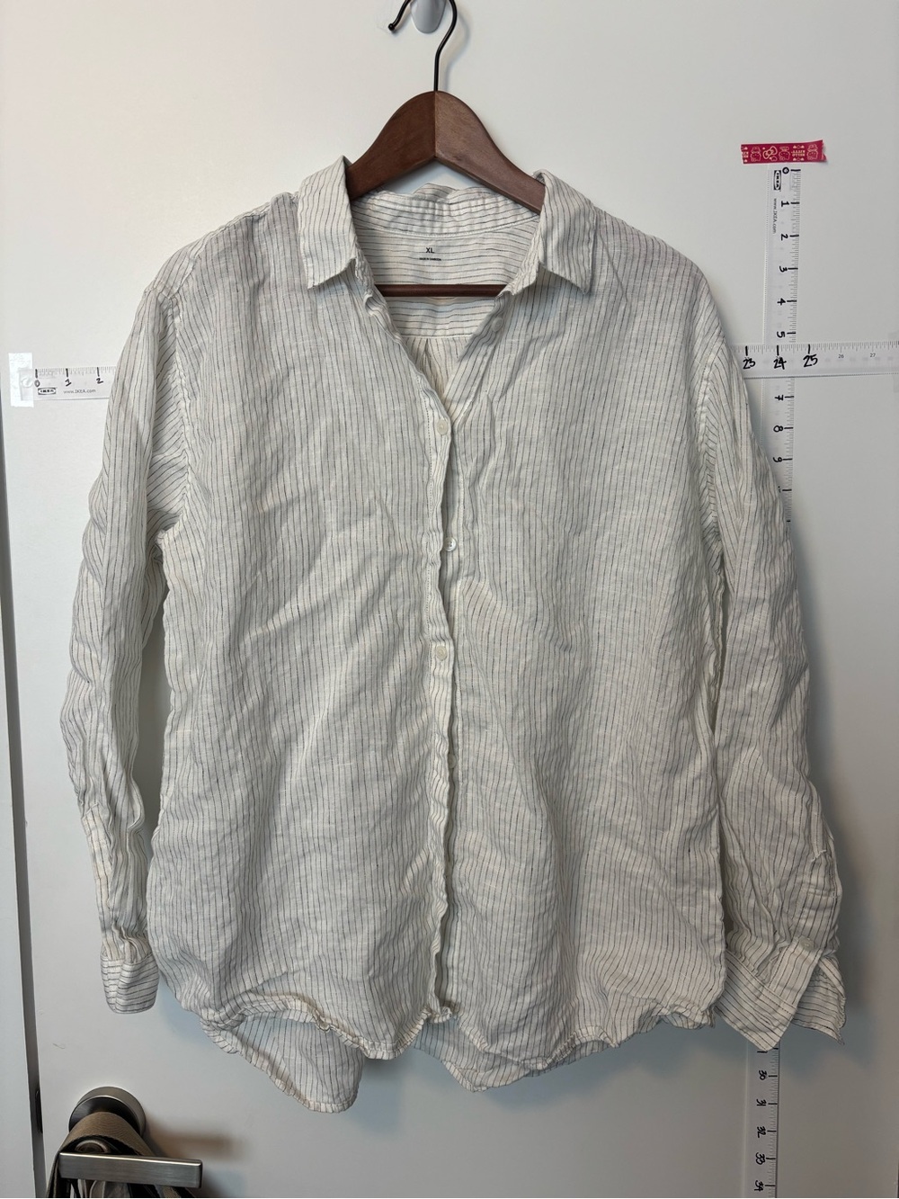 Muji Linen Lightweight Striped Button-Up Shirt — white with Thin Blue Stripes XL